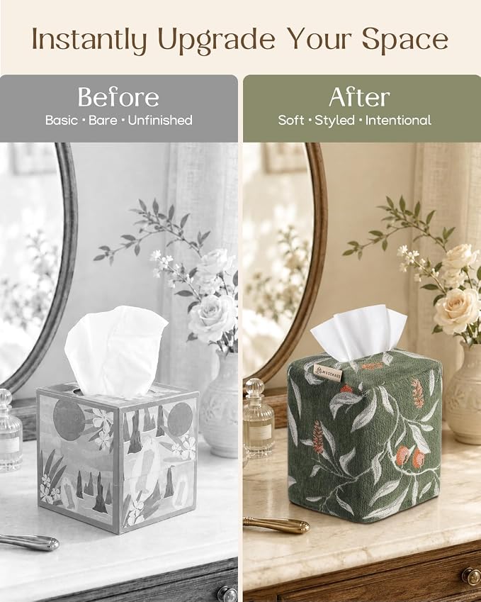 Chenille Tissue Box Cover - Vintage Farmhouse Decor, Green Leaf | Tissue Box Cover Square, Cube Tissue Holder, 4.5x4.5x5.5 in, Home, Living Room, Bathroom, Bedroom, Office, Vanity, Car Decor - Image 4