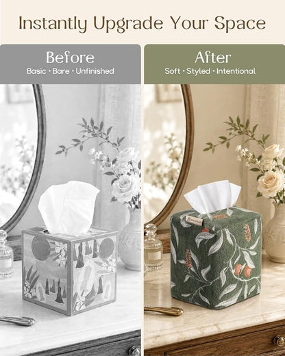 Chenille Tissue Box Cover - Vintage Farmhouse Decor, Green Leaf | Tissue Box Cover Square, Cube Tissue Holder, 4.5x4.5x5.5 in, Home, Living Room, Bathroom, Bedroom, Office, Vanity, Car Decor - Image 4