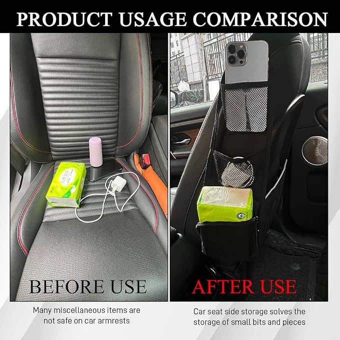 2PCS Car Seat Side Organizer, Seat Side Storage Pocket, Multifunctional Mesh Net Pocket, Car Multi-Pockets Backseat Organizer Side Hanging Bag for Storage Coins, Cell Phones (Black, 2PCS) - Image 4