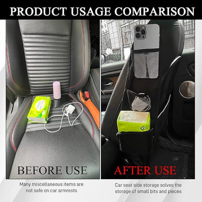 Car Seat Side Organizer, Seat Side Storage Pocket, Multifunctional Mesh Net Pocket, Car Multi-Pockets Backseat Organizer Side Hanging Bag for Storage Coins, Cell Phones, Glasses (Black, 1PCS) - Image 4