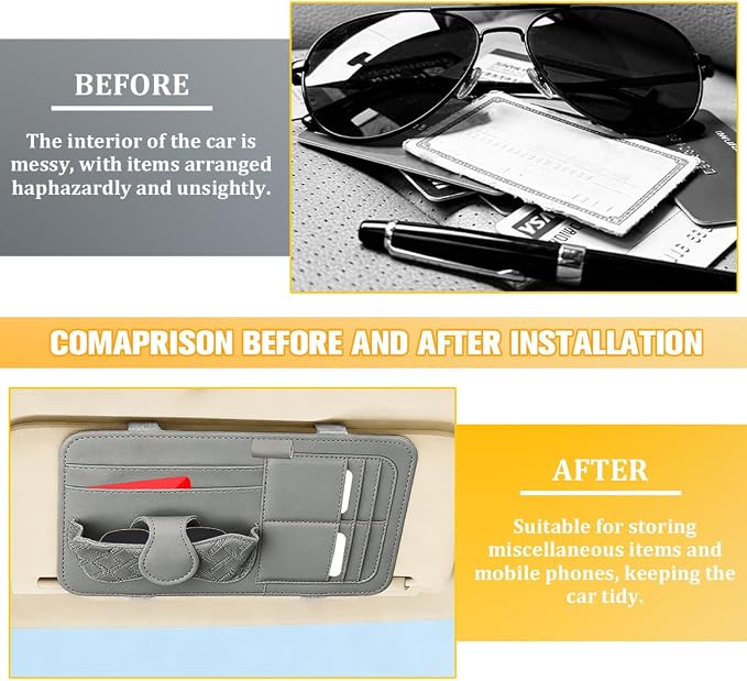 Car Sun Visor Organizer, Multifunctional Visor Storage Pouch with Sunglasses Holder & Card Sleeve Pocket, Auto Interior Organizer Pocket Bag for Pens Cards Documents, Universal Fit (Gray) - Image 6
