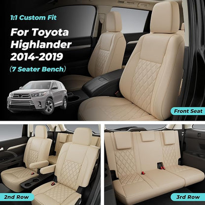 Custom Seat Covers for Toyota Highlander 2014-2019 7 Seats Beige | faux leather, 2nd row captain chairs, waterproof, breathable, airbag compatible, stain resistant, easy install, durable - Image 6