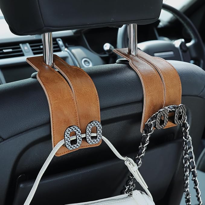 Car Headrest Hooks Universal Car Purse Hook Premium Leather and Alloy Twin Hook Car Seat Back Storage Hanger Hook for Purse Bags Cloth Drink Durable Holder Car Accessories (BH09-Brown-Black) - Image 7