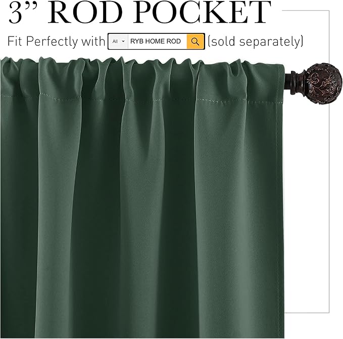 RYB HOME Cafe Blackout Curtains 24 inch Length for RV Camper Kitchen Window | Temperature Regulating, Light UV Blocking, Privacy Protection, Short Small Half Window Tiers, W42 x L24, Dark Green, 2 Panels - Image 2