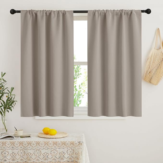 RYB HOME Short Blackout Curtains for Bedroom, Room Darkening Insulated | Rod Pocket, Summer Heat Light UV Blocking, Energy Saving, Drapes for Nursery, W34 x L48, Sand, 2 Panels by RYBHOME