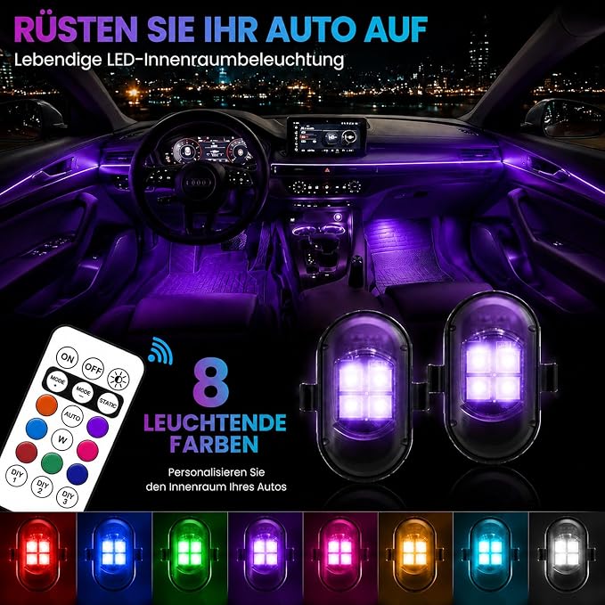 Upgraded 4PCS Mini Car Wireless LED Strobe Lights with Remote Control Wireless LED Lights for Car Motorcycle Bicycle Bike USB Rechargeable 8-Color Car Ambient Lighting Car Led Lights Interior - Image 3