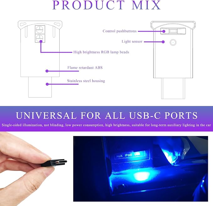 2 PCS USB Type C LED Ambient Light, 8 Colors RGB Car Interior Atmosphere Lamp, Plug-in USB Interface Mini LED Night Light, Portable Decoration Lighting Kit for Car Laptop - Image 3