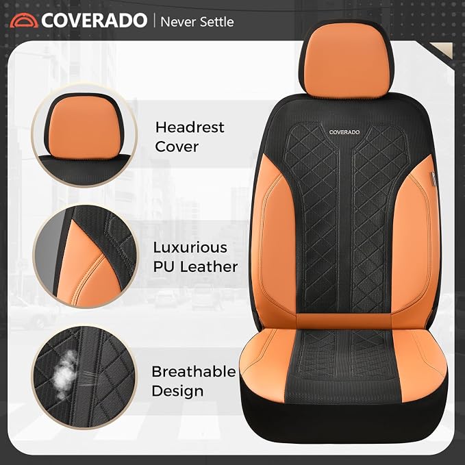 Coverado Car Seat Covers Full Set, Waterproof Seat Covers, 5-Piece Brown Automotive Seat Covers, PU Leather & Breathable Mesh Seat Protectors, Universal Fit for SUVs, Trucks, Sedans - Image 4