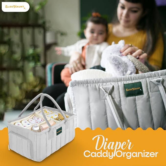 Large Diaper Caddy Organizer with Handle – Baby Basket for Nursery, Car, and Changing Table – Portable Baby Storage with Compartments – Perfect for New Parents and Baby Shower Gifts (Gray) - Image 2