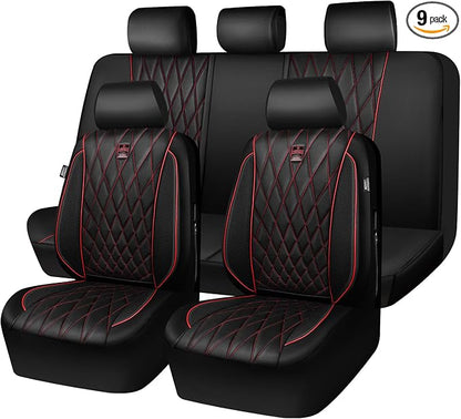 CAR PASS Piping Luxury Leather Seat Covers Full Set,5 Seats Anti-Slip Waterproof Seat Covers Compatible with Front Armrests,Universal Fit for Sendan SUV Van Truck,Airbag Compatible,Black and Red by CARPASS