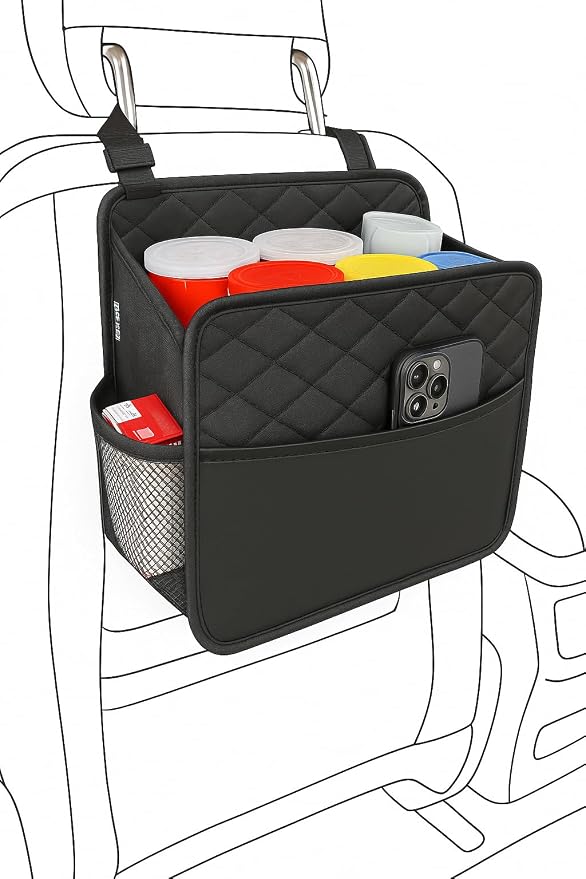 Witaxima Upgrade Car Seat Organizer Backseat with Storage Pockets, Multipurpose Car Organizer Hanging, Car Trash Bag Can,Premium PU Leather Garbage Can 2.14 Gallon Large Capacity, Black. by Witaxima