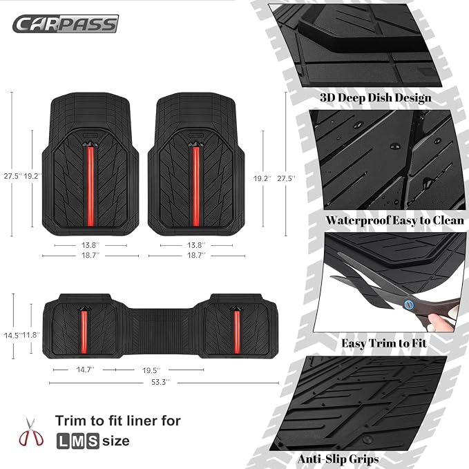 CAR PASS Rubber Floor Mats for Cars, Car Mats Full Sets DeepDish,Universal S~L Size Trim-to Fit Automotive Floor Mat for Truck Van SUV, Heavy Duty Waterproof All-Weather Floor liners Durable Black Red - Image 2