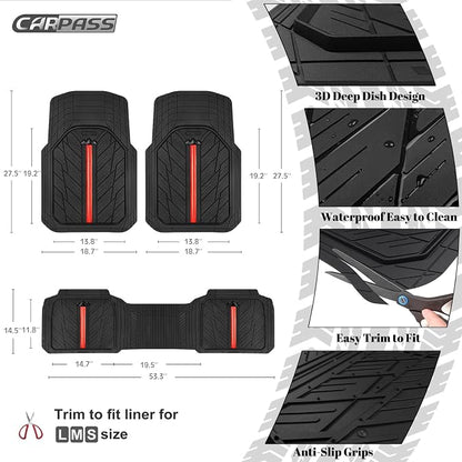 CAR PASS Rubber Floor Mats for Cars, Car Mats Full Sets DeepDish,Universal S~L Size Trim-to Fit Automotive Floor Mat for Truck Van SUV, Heavy Duty Waterproof All-Weather Floor liners Durable Black Red - Image 2