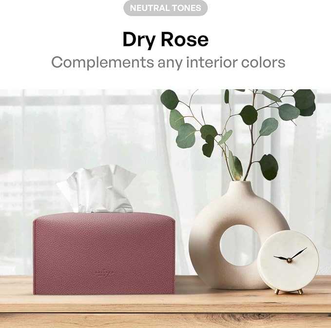 Carrotez Tissue Box Cover, [Refined] Modern PU Leather Rectangular Tissue Box Holder - Decorative Holder/Organizer for Bathroom Vanity Countertop, Night Stands, Office Desk 9.5"X5"X5" - Dry Rose - Image 3