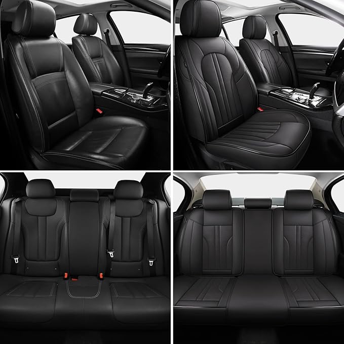 MINGBRON Car Seat Cover Full Set, Leather Car Seat Cover, Waterproof Seat Covers, Car Seat Cushion, Nappa Leather Seat Covers Car Seat Protector Universal Fit Most Cars Black - Image 3