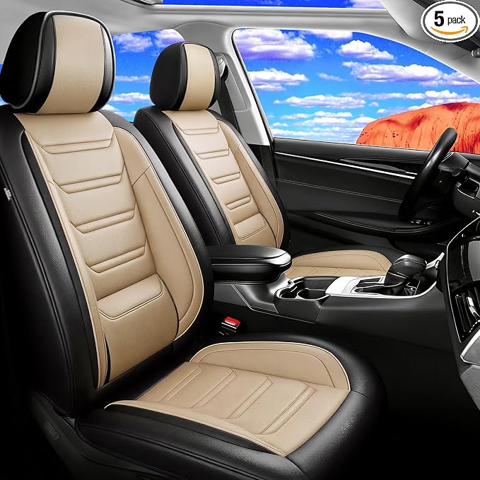 Fit Grand Cherokee Car Seat Covers for Jeep Grand Cherokee 2011-2026 - Premium Full Coverage Leather, Airbag Compatible, Luxury Waterproof All Weather Seat Protector, Full Set, Black+Beige by FiveFox
