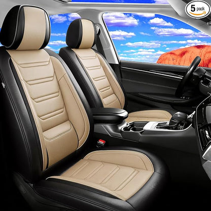 Fit Grand Cherokee Car Seat Covers for Jeep Grand Cherokee 2011-2026 - Premium Full Coverage Leather, Airbag Compatible, Luxury Waterproof All Weather Seat Protector, Full Set, Black+Beige by FiveFox