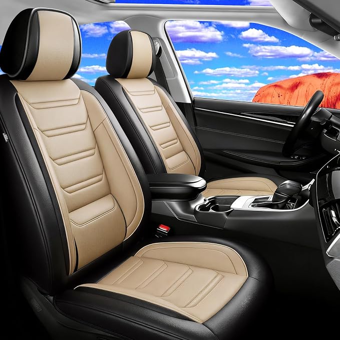 Fit Liberty Seat Covers Custom Fit for Jeep Liberty 2002-2012, Full Set | Premium Leather Full Coverage Protector, Waterproof, Breathable, Scratch Resistant, Easy Wipe, Airbag Compatible, Black+Beige by FiveFox