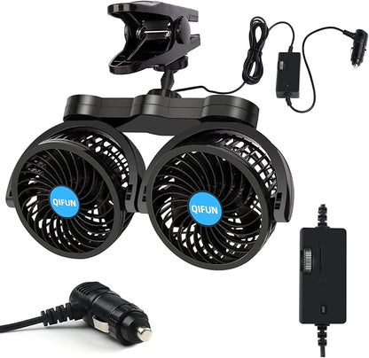 QIFUN Car Fan Adjustable Dual Head 12V 360° Rotatable 4 Inches Car Clip Fan for Front/Rear Seat Passenger Car Essentials Cooler with Stepless Speed Regulation for Vehicle SUV, RV by QIFUN