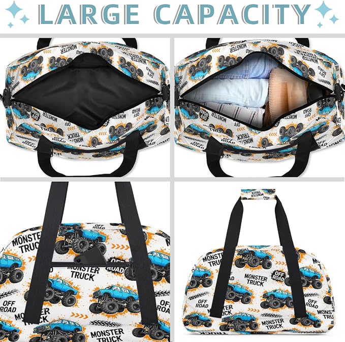 Gym Travel Duffle Bag for Boys - Blue Monster Car Trucks Kids Overnighter Weekend Bag with Front Zipper Pocket for School Practice, Teens Carry-On Size Sleepover Bags - Image 4