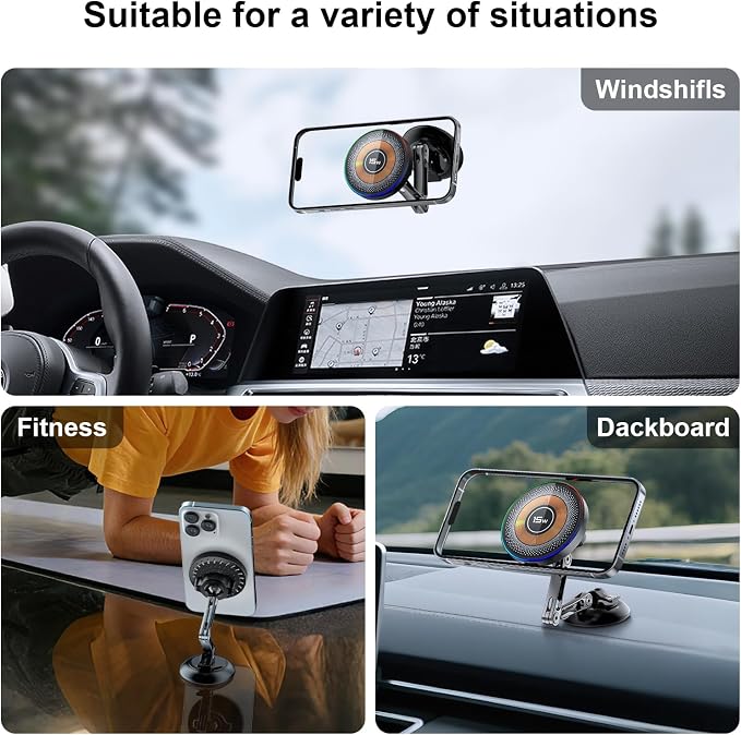 ZBF Magnetic Phone Holder for Car,15W Wireless Fast Charging for MagSafe Car Mount Vacuum Suction Cup Dashboard Windshield Phone Mount for Car 360°Adjustable Magnetic Mount for Women Men iPhone 17/16 - Image 8