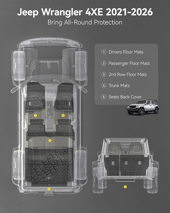 3W Floor Mats & Cargo Liner & Backrest Mats Jeep Wrangler 4XE 2021-2026 | (Non JL/JK) All Weather TPE Rubber Heavy Duty Wrangler 4XE Accessories (Hybrid & 4 Door with Subwoofer) - Image 3