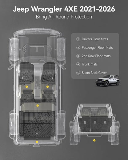 3W Floor Mats & Cargo Liner & Backrest Mats Jeep Wrangler 4XE 2021-2026 | (Non JL/JK) All Weather TPE Rubber Heavy Duty Wrangler 4XE Accessories (Hybrid & 4 Door with Subwoofer) - Image 3