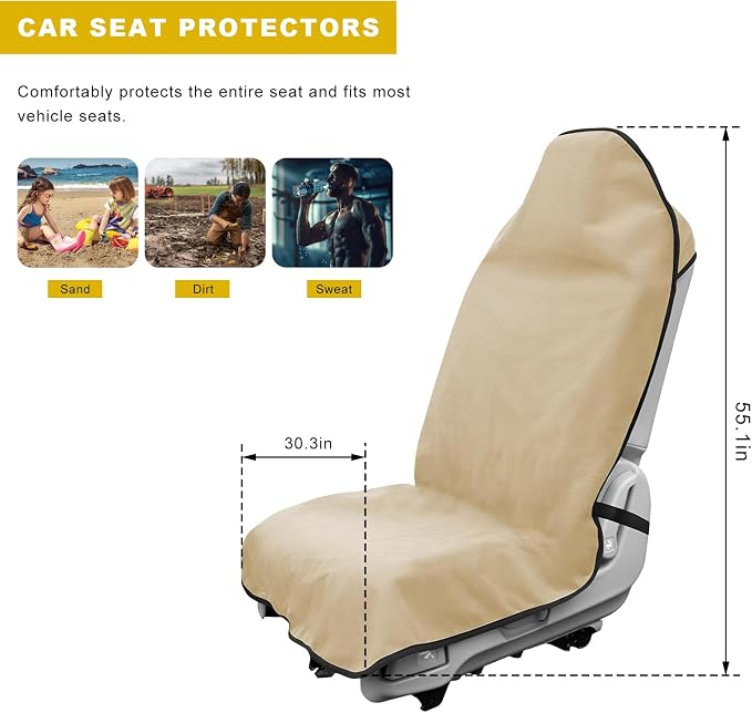 Car Towel Seat Cover, Waterproof Sweating Auto Front Seat Protective Cover, Non-Slip Washable Carseat Protector for Post Gym Workout Running Swimming, Car Accessories (Beige) - Image 2