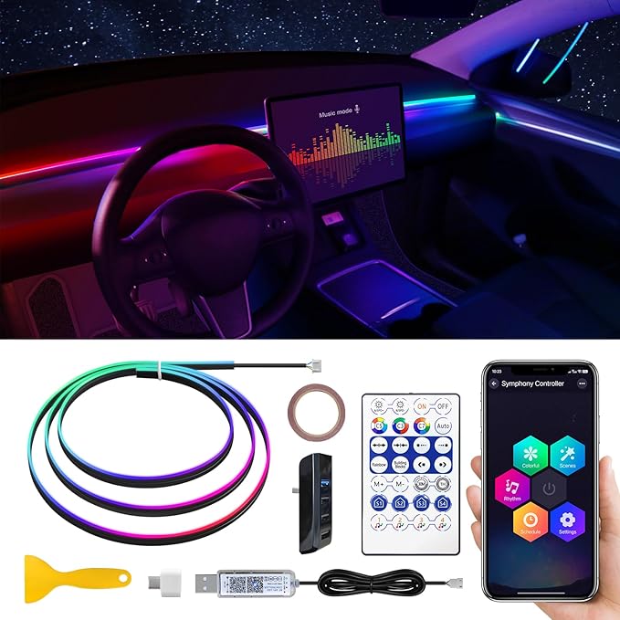 Dreamcolor Acrylic Interior Car LED Strip Light with USB Hub, 55.1 inches Fiber Optic Ambient Lighting Kits, RGB+IC Colors Sound Active Function Neon LED Strip by MAODANER