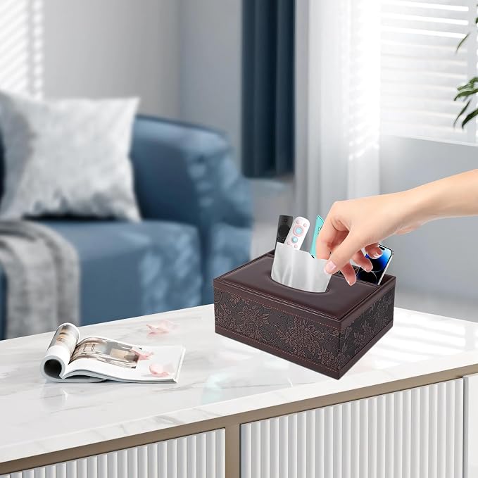 Tissue Box Cover Rectangle Retro Tissue Box Holder PU Leather Facial Tissues Organizer,Multifunctional Remote Control Stationery Storage Box,Home Office Supplies Car Napkin Caddy - Image 3