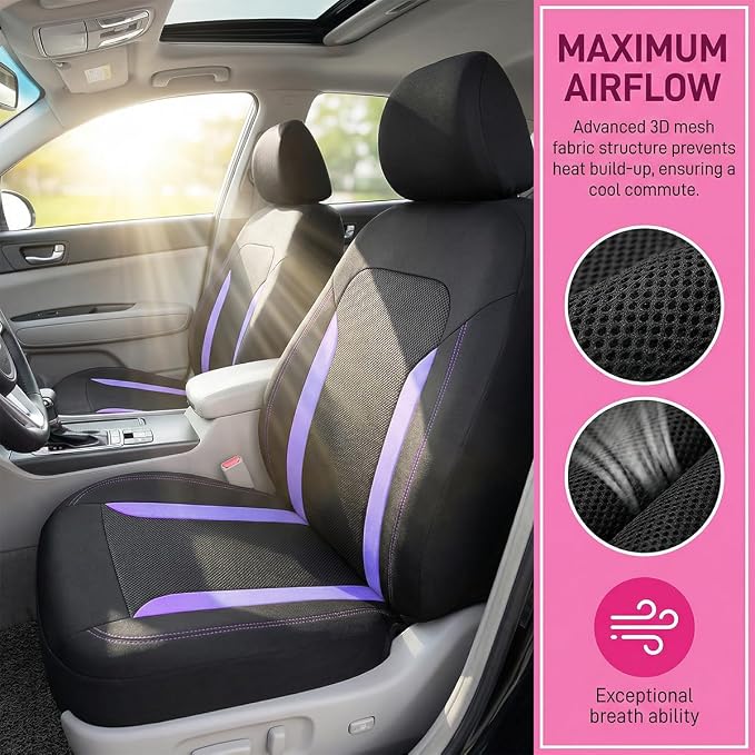 Car Seat Cover Full Set, Breathable Split Anti-Slip Vehicle Front Rear Seat Protector with Removable Headrest Guard, Automotive Interior Chair Protective Covers, Universal Fit (Purple) - Image 3