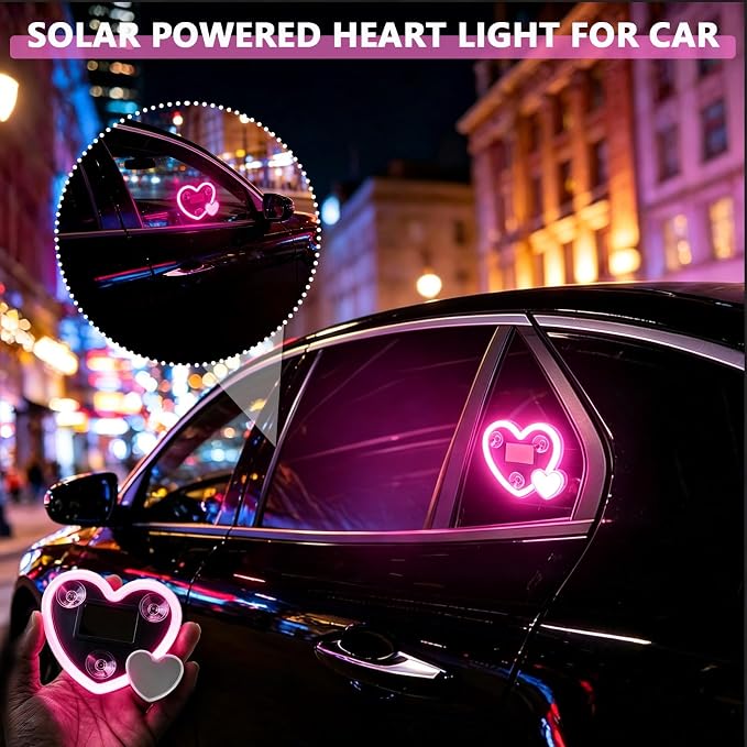 Solar Powered Heart Light for Car (2pc Pink) | 2pcs Led wireless lamp with 6 modes vibration sensor, auto light activation, romantic gift for couples interior decor - Image 2