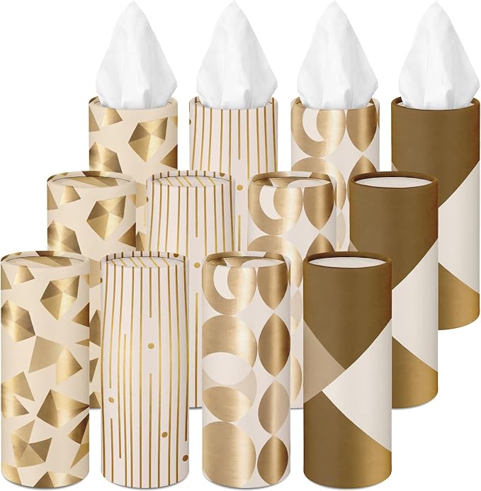 Arttown Car Tissue Holder for Cup Holder Geometric Facial Tissues 12 Pack | Gold Bulk 3-Ply,Refillable Marble Print Cylinder Tissue Boxes,Fit Car Home Office School (600 Sheets Total,50 Sheets Each) by Arttown