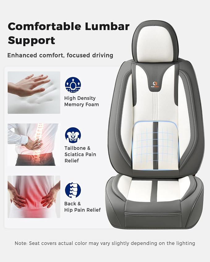 Huidasource Front Car Seat Covers Luxury Nappa Leather, Car Seat Covers Front Seats with Airbag, Front Storage Pocket, Lumbar Support Cooling＆Heating Universal Fit for Most Cars SUV Trucks, Gray&White - Image 3