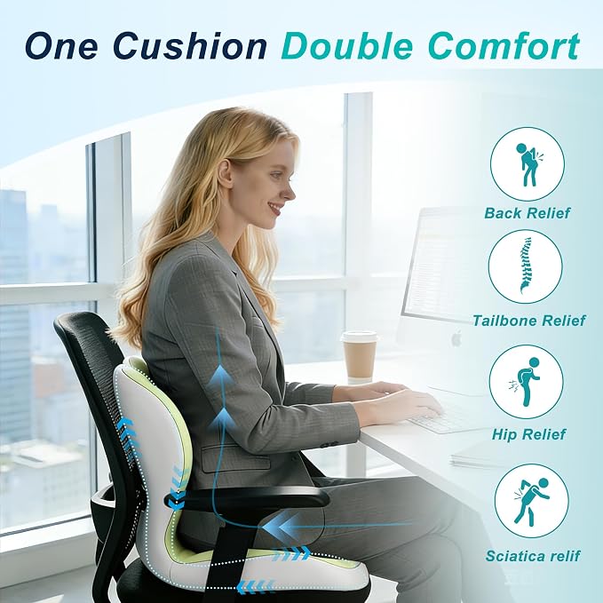 Seat Cushion for Office Chair, Ergonomic Cushion with Lumbar Support Pillow | Orthopedic Memory Foam Coccyx Cushion for Tailbone & Sciatica Pain Relief, Ideal For Office Chairs, Car Seats, Wheelchairs - Image 4