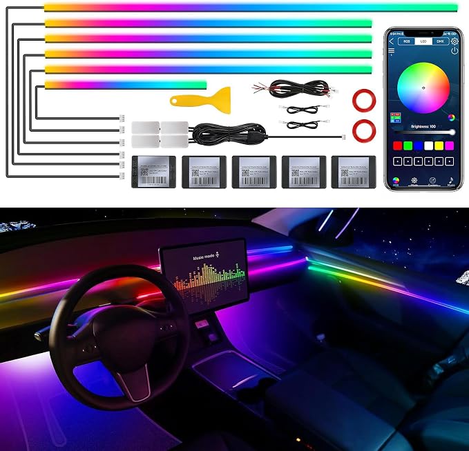 Dreamcolor Acrylic Interior Car LED Strip Light with Wireless APP, RGB 10 in 1 with 175 inches 593 Neon Car Ambient Lighting Kits, Dynamic Chasing Music Sync LEDs Fiber Optic Strip Lights for Car by MAODANER