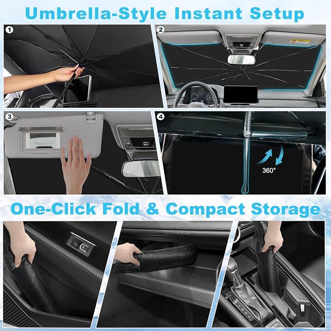 Windshield Sun Shade Umbrella Compatible with Toyota Tacoma 2016-2026, Upgraded Titanium Silver Sunshade with 360° Bendable Handle & Rearview Mirror Cutout, Reflective UV Heat Insulation - Image 7