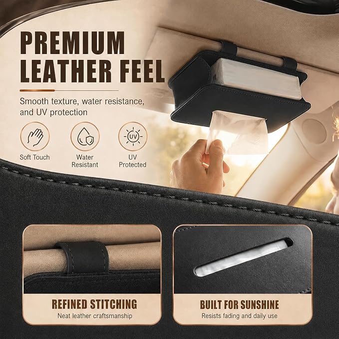 Car Tissue Holder, Leather Rectangular Car Backseat Napkin Storage Box, Multifunctional Vehicle Interior Tissues Organizer Accessories for Keep Auto Tidy (Black) - Image 3
