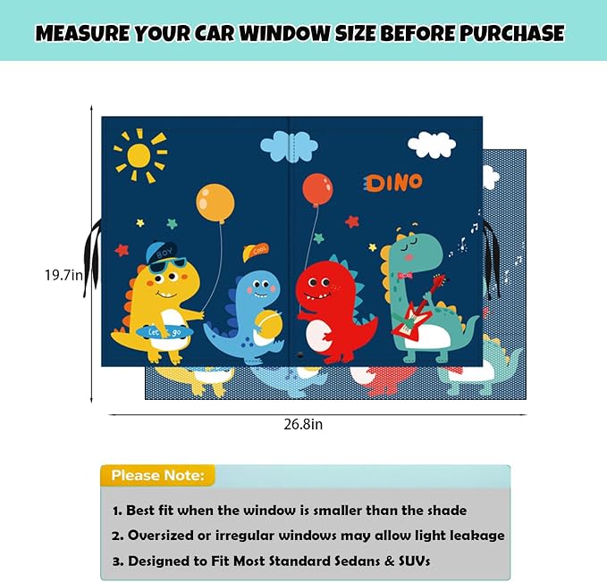 Car Window Shade for Baby, 2 Pack Magnetic Double Layer Sun Shade with Cute Dinosaur Design, Adjustable Privacy Blackout/See-Through Window Curtains, UV Protection, Fits Most Cars SUV Minivan - Image 6
