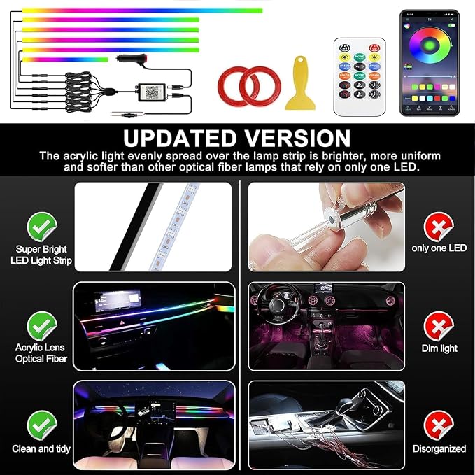 Interior Car LED Strip Lights, Acrylic LED Lights for Car with Dynamic Dreamcolor Chasing, Ambient Lighting Kits Music Sync Wireless APP and Remote Control (6 in 1) 175 inches 593 LEDs - Image 7