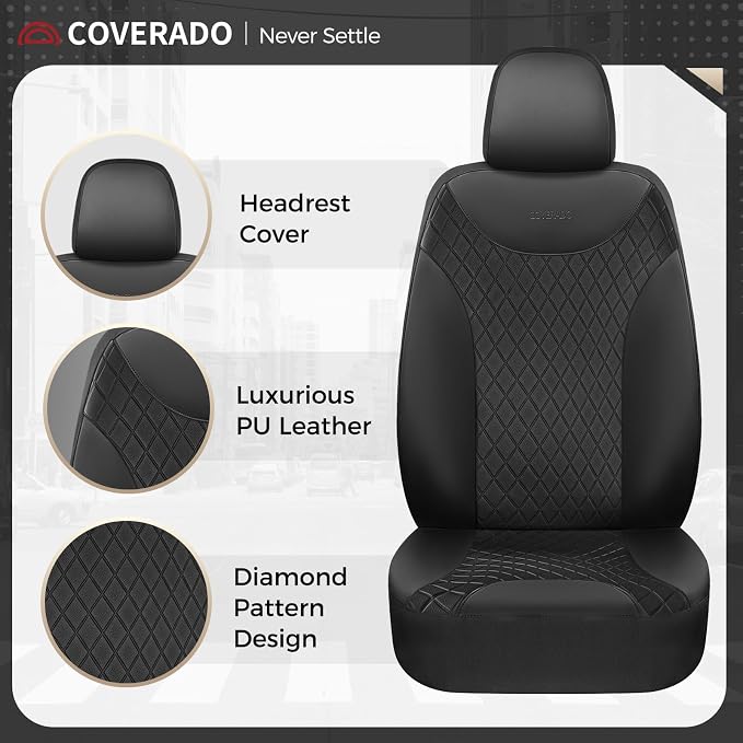 Coverado Front Seat Covers, Black Leather Car Seat Covers 2-Pack, Waterproof Car Seat Protectors, Automotive Seat Covers, Driver Seat Covers Universal Car Seat Cushions Fit for Most Sedan, SUV, Truck - Image 3