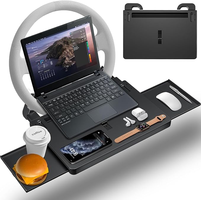 Steering Wheel Tray, Car Food Tray, Car Desk for Laptop, Multipurpose Car Table for Eating & Work, Adjustable Car Tray with Drawer and Anti-Slip Protective Adhesive by EverywhereWeGo