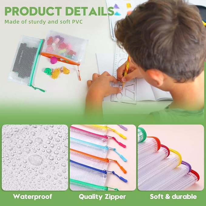 YOPCDJ 30pcs Mesh Zipper Pouch for Organization, Waterproof Zipper Pouches Colored PVC Travel Zipper Bags Clear Multipurpose Document Bags Suitable for Travel, School, Board Game and Office Supplies - Image 3