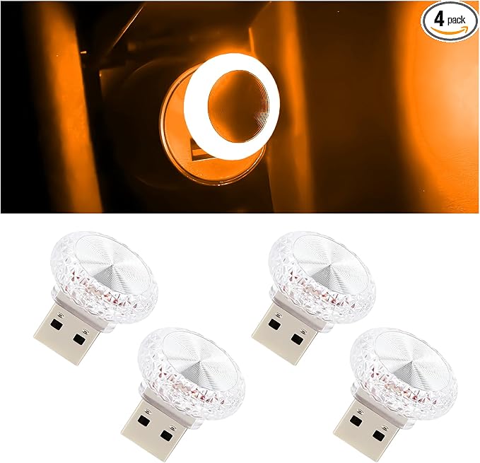Hovom 4PCS Mini USB LED Car Interior Atmosphere Lamp for Decor, Yellow | Plug-in USB Interface, Portable LED Decor, Universal Ambient Lighting Kit, Suitable for SUV Truck RV Office Laptop Keyboard by Hovom