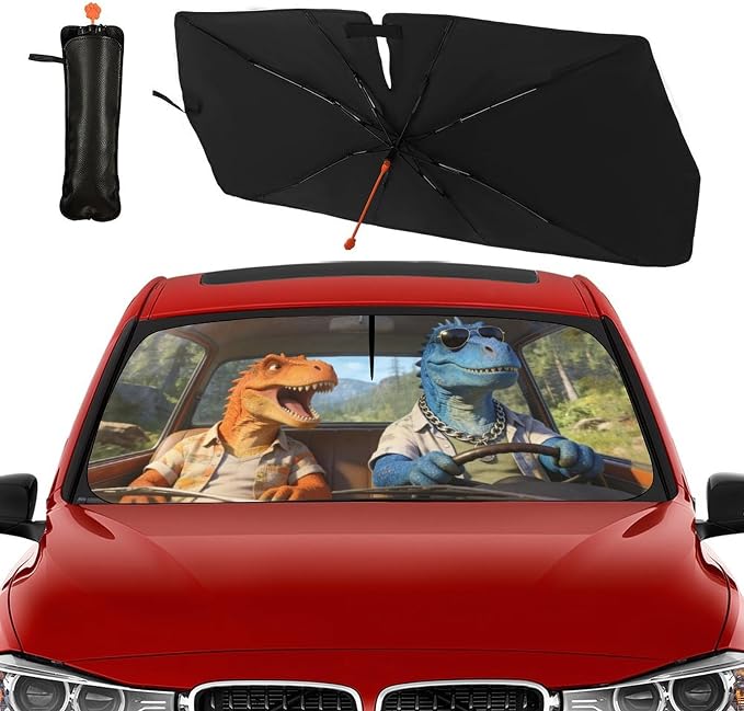 Dinosaur Car Windshield Sun Shade Umbrella Bendable Handle Foldable Funny Dinosaur Animal Driving Sunshade for Car Windshield Block UV Rays Keep Vehicle Cool for Most Sedans SUV Trucks 57"x30" - Image 2