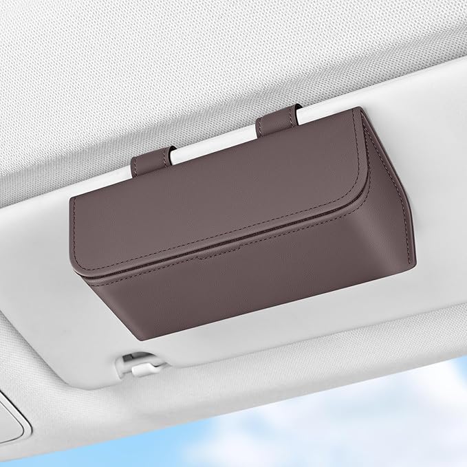 Magnetic Sunglasses Holder for Car Visor, PU Leather Clip, Brown | Soft Inner Lining, One-Handed Access, Holds Eyeglasses, Parking Tickets and Receipts, For Cars, SUVs and Trucks, 1 Pack by HALOYiVGO