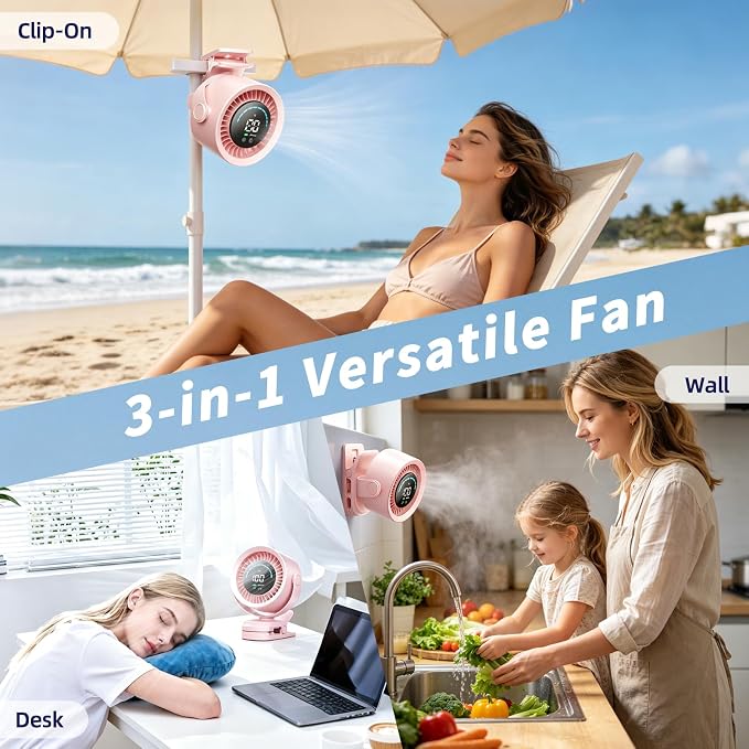 Portable Clip on Fan, Rechargeable USB Desk Fan with Turbo Airflow, 100 Speeds LED Display, 360° Rotation, Small Quiet Battery Powered Fan for Stroller Outdoor Travel Camping Golf Cart, Pink - Image 4