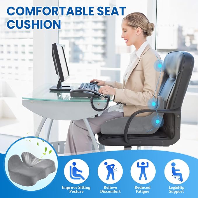 CushZone Extra Large Seat Cushion, Sciatica Support for Chair, Light Grey | Ergonomic Office Chair Cushion for Hip & Tailbone Pain Relief, Memory Foam Cushion for Car, Long Trip, Desk Chair, Lab - Image 4