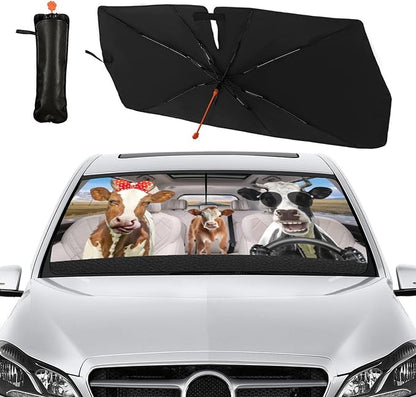 Funny Cow Car Windshield Sunshade Umbrella Cow Driver Sun Shade Umbrella for Car Foldable Windshield Umbrella Block UV Rays Heat Keep Vehicle Cool for Cars SUV 57"x30" - Image 2