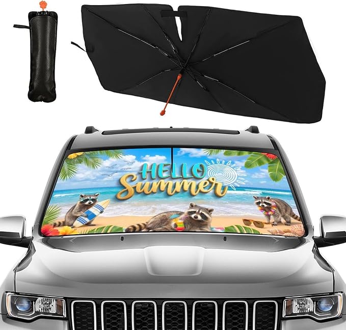 CHILL·TEK Funny Raccoon Car Windshield Sun Shade Umbrella Hawaiian Raccoon Car Sun Shade Umbrella Block UV Rays Heat Foldable Windshield Umbrella Sun Visor Protector - Keep Vehicle Cool for Cars SUV - Image 2